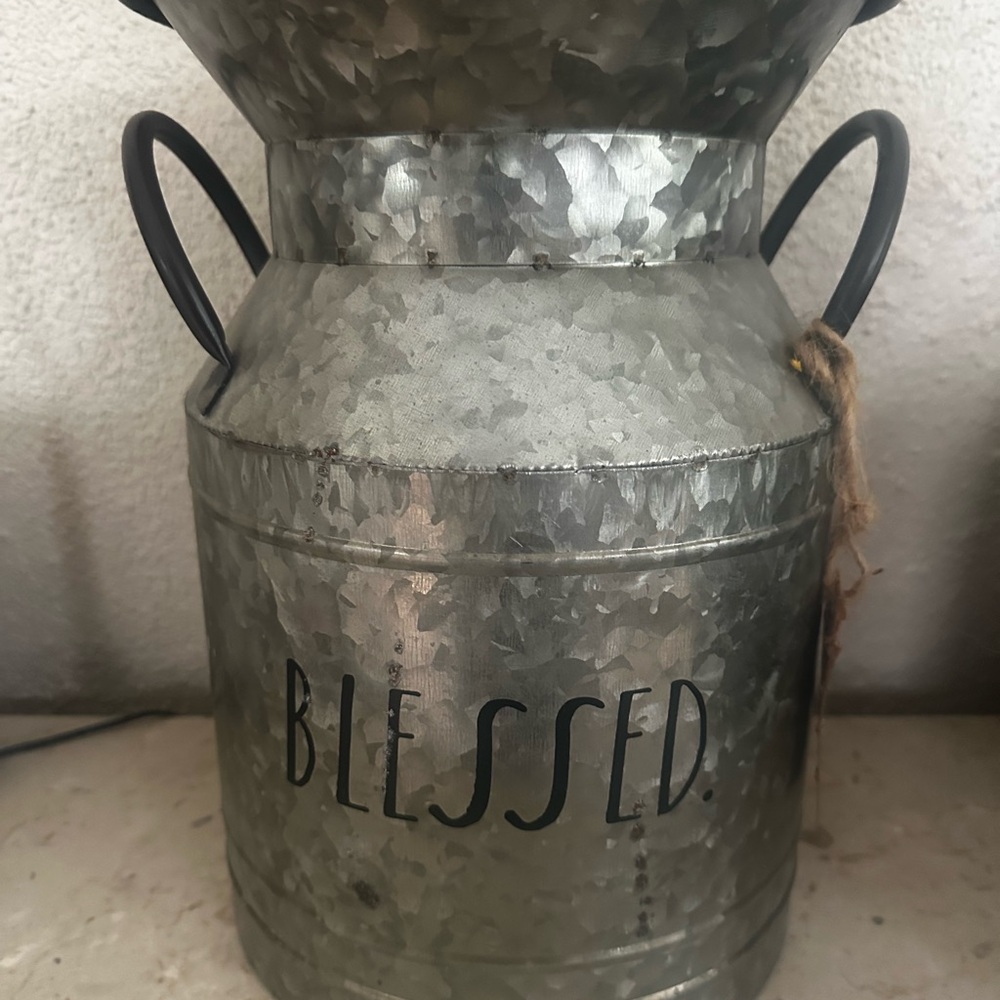 Rae Dunn Galvanized Metal Milk Can with 'Blessed' Inscription